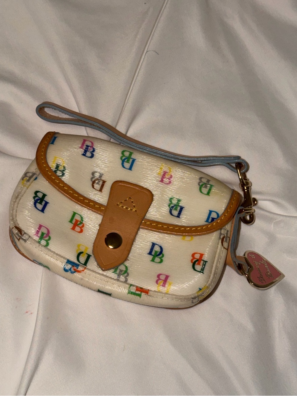 Dooney & Bourke White Multicolor DB Logo Wristlet with Tan Trim